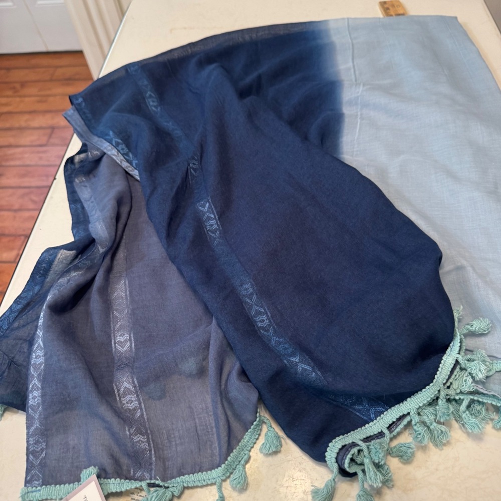 Everything in Love Scarf Womens OS Blue Ombre Tassel Trim Boho Lightweight